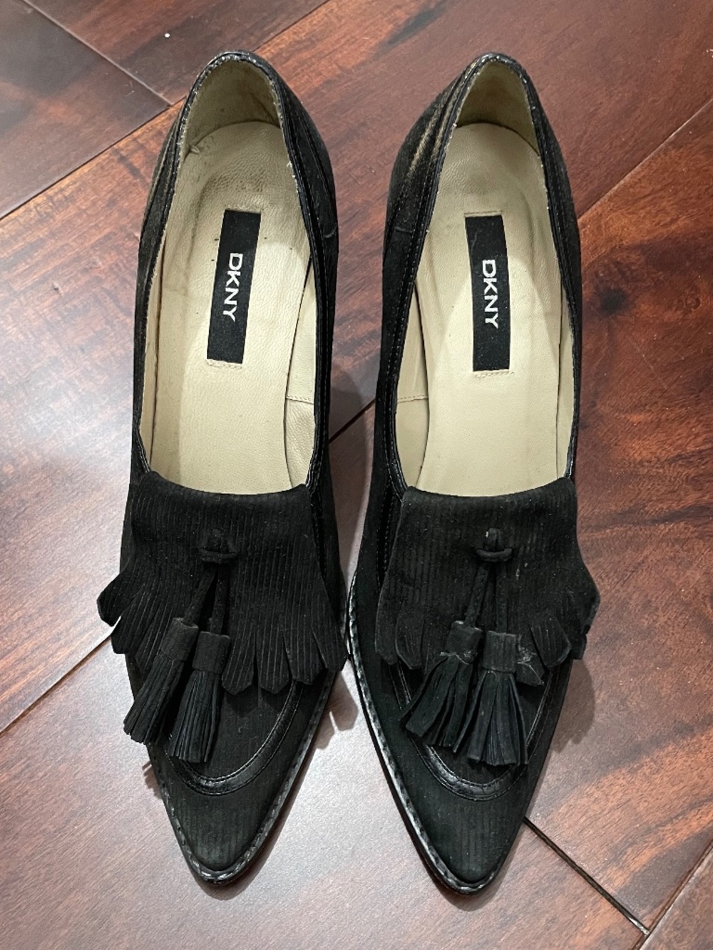 DKNY black suede leather loafers heels size 6